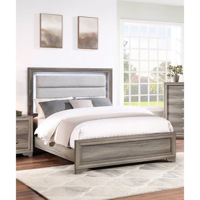 Brown, Burlap, Queen Bed, Led - Illuminated, Horizontal Tufting Headboard, Modern Bedroom Furniture, No Box Spring Style, Design, Lights, Spring,