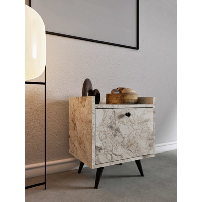 Modern Nightstand with Ephesus Marble Finish, 19.7 x 21.7 x 15.7 inches | 100% Melamine Coated Particle Board, 0.71 inches Thick | PU Leather Handle, Wooden Legs, Multiple Shelves | Stylish & Functional Bedroom Storage