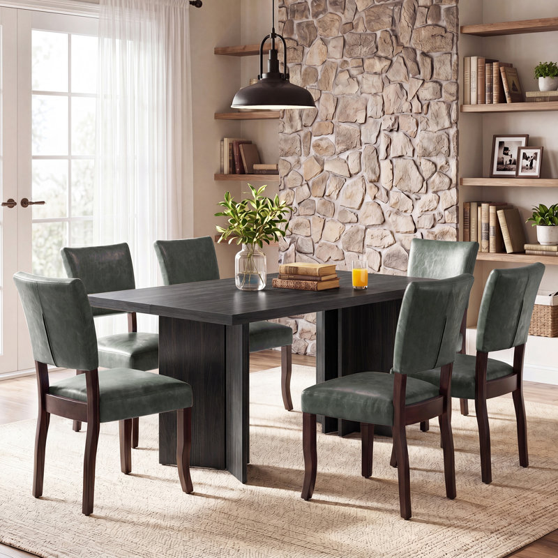 Amiliana Wooden Rectangular Dining Table With Upholstered Kitchen Chairs, Wood Legs Dining Room Set, Black, Green