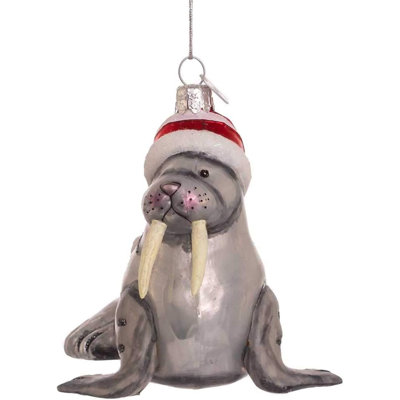 Kurt Adler Noble Gems Glass Ornament for Christmas Tree, Walrus with Hat