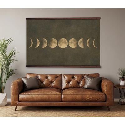 Extra Large Moon Phases Tapestry Wall Hanging – Vintage Lunar Cycle Design on Dark Backdrop with Wooden Hanger