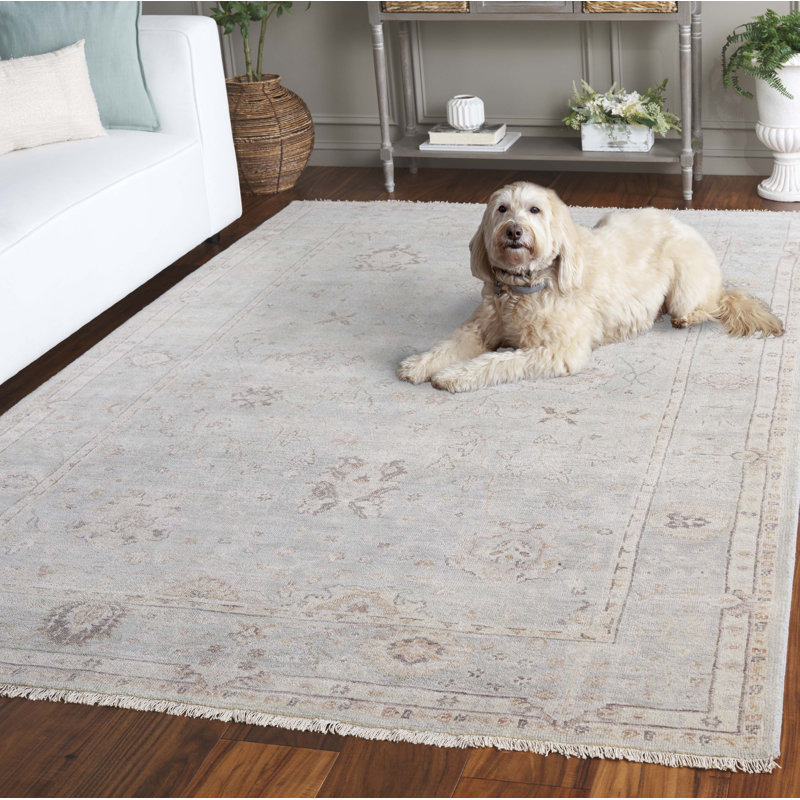 Rectangle Solid Color Hand-Knotted Wool/Cotton Area Rug in Beige, Rectangle 6' x 9'