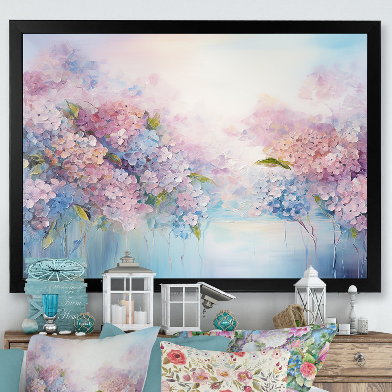 Hortensia bleue et rose Solitude dans la nature - décoration murale champ de fleurs, Cadre simple noir