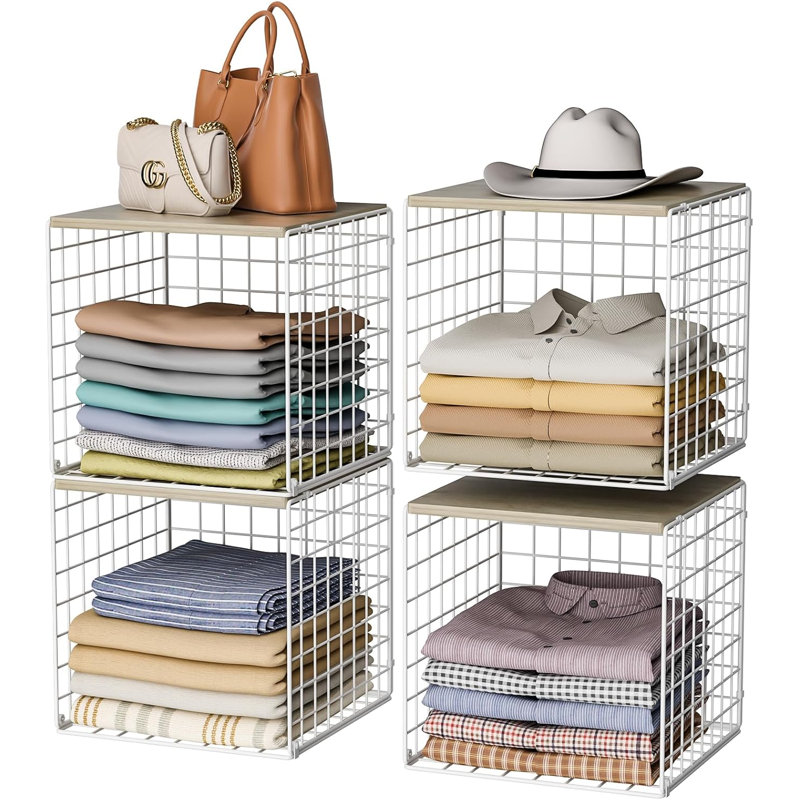 Organisateur de placard empilable à 4 niveaux avec plateaux en bois – Cubes de rangement robustes et paniers d'étagère, bacs de rangement renforcés à double couche pour vêtements, garde-manger et étagères