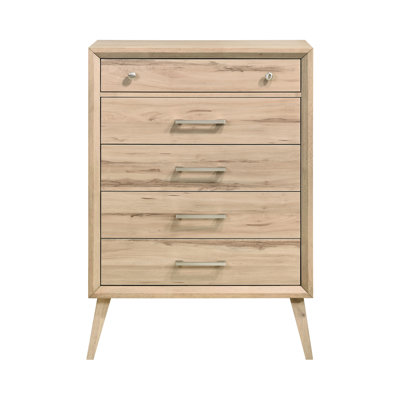 Mid-Century Modern Design Chest Of 5 Drawers Nickel Tone Classic Style Bedroom Furniture 1Pc