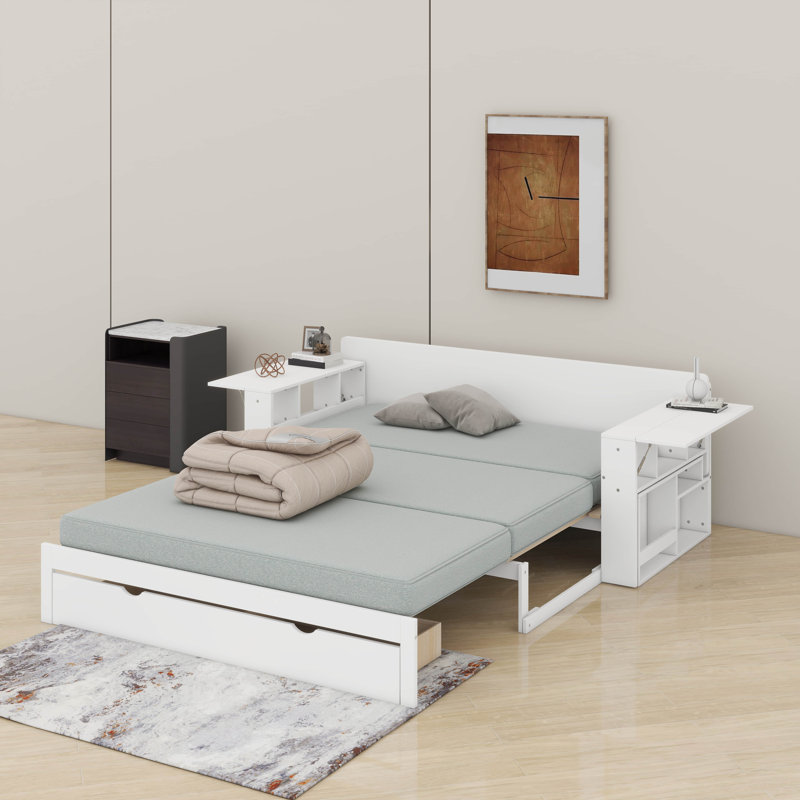 Grand lit de jour avec bureau, tiroirs et table, Blanc, Grand lit