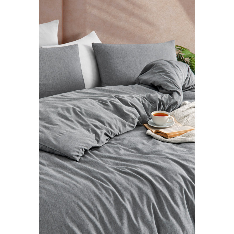 Elegant Single Quilt Cover Set, Anthracite Color | 70% Cotton / 30% Polyester, Duvet Cover 55.1 x 78.7 inches, Pillowcase 23.6 x 23.6 inches | Machine Washable, Pigment Printed, Button Closure | Soft & Durable Bedding