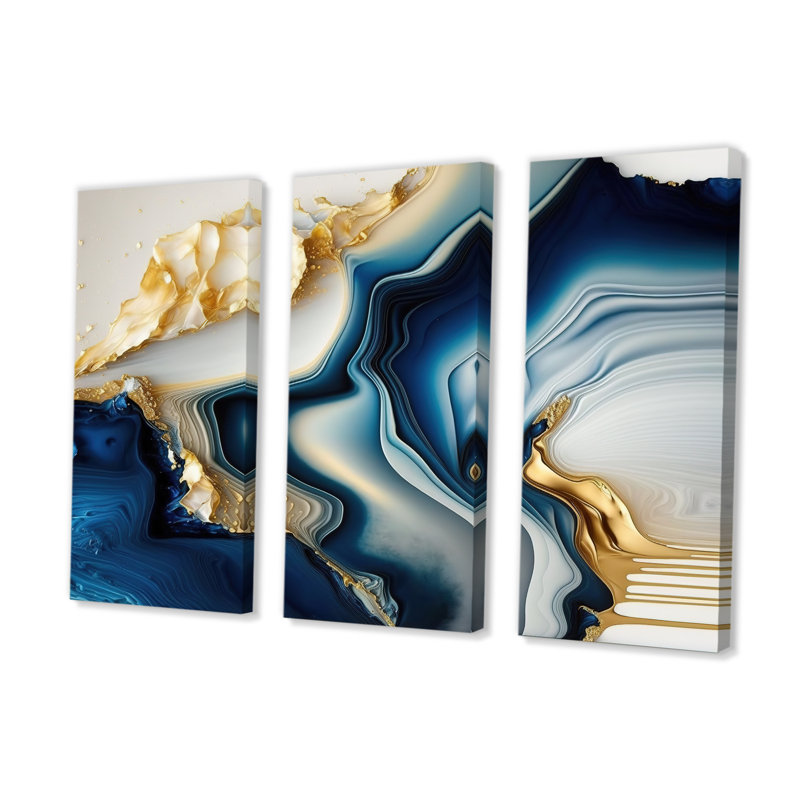 «Abstract Geode Gold and Blue Marble II», reproduction sur toile 3 pièces, H 28 po x l 36 po x P 1 po, Toile tendue