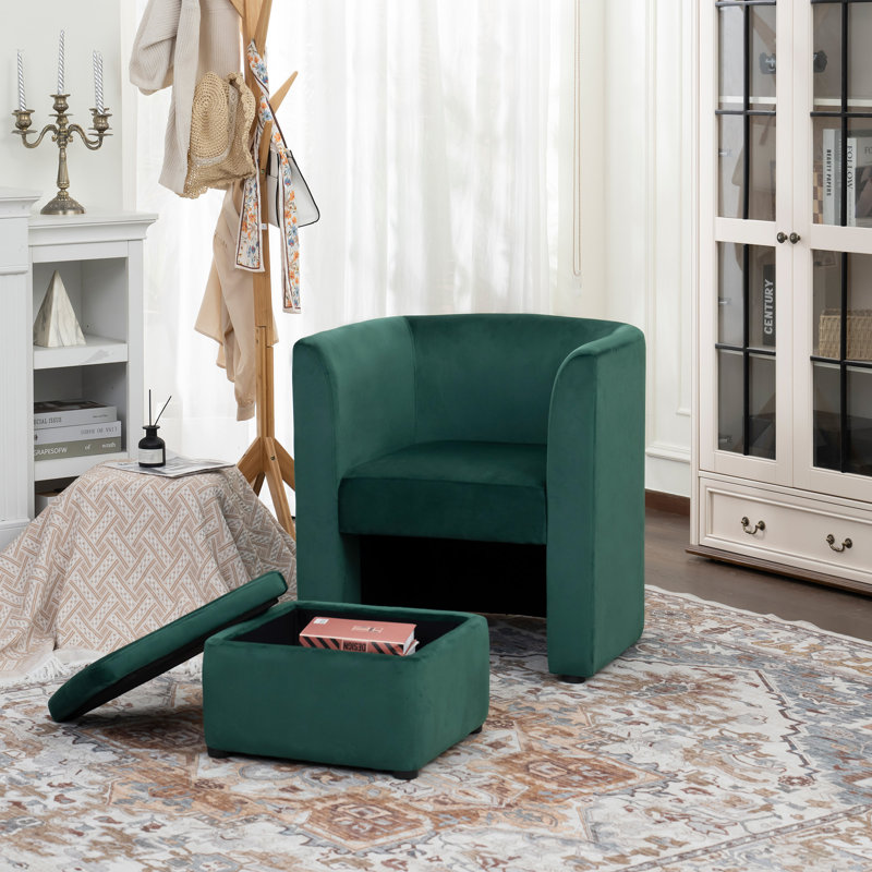 Fauteuil d'appoint rembourré en tonneau avec repose-pieds de rangement pour le salon / la chambre à coucher / le bureau, Vert