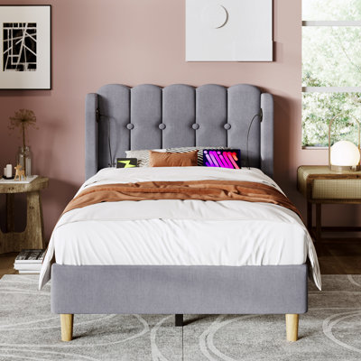 Velvet Grille-Panel Bed With Charging Station