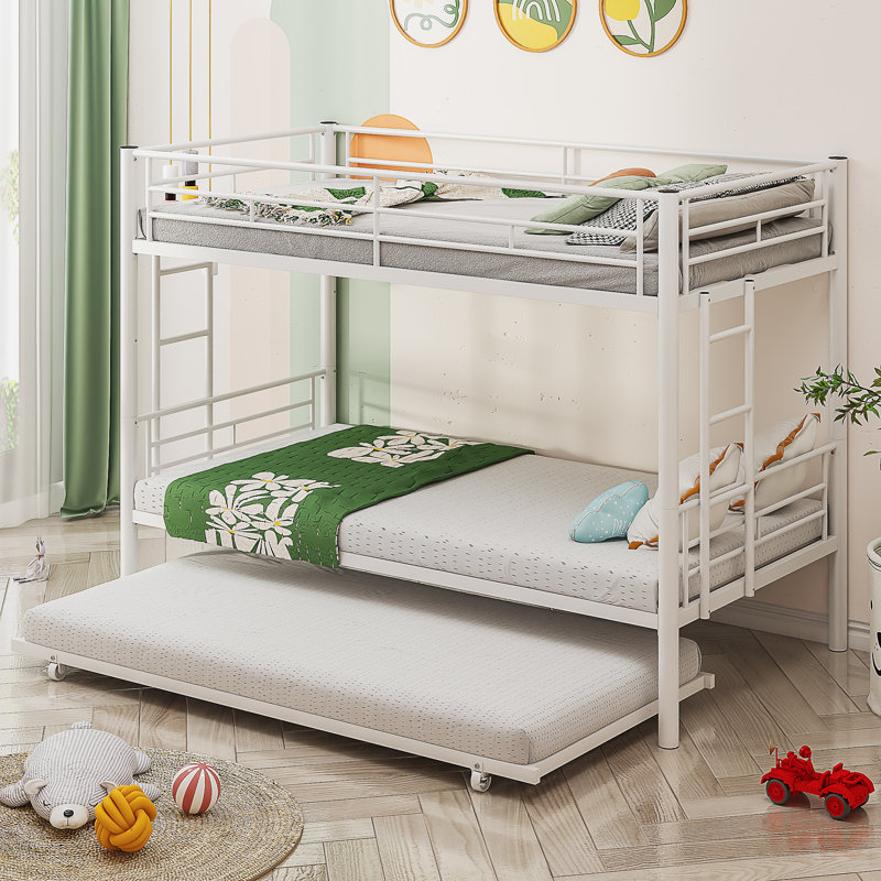 Aafke Twin-Over-Twin Bunk Bed with Trundle,Metal Trundle- W/Safety Rail and Ladder, Beige