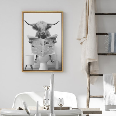 Funny Bathroom Decor Black and White Highland Cow Sit On Toilet Large Framed Canvas Print Wall Art