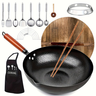 Chinese Iron Frying Pan Wok Set - Nonstick, 12.6 Inch Wok With 13 Cookware Accessories, Suitable For All Stoves, Kitchen Utensils, Kitchen Tools, Kitchen Accessory, Kitchen Supplies Camping