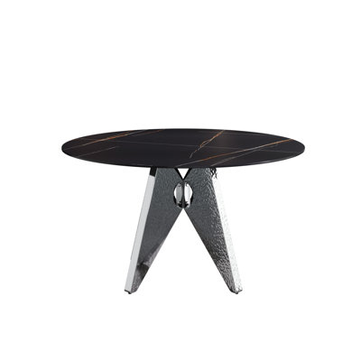 53" Round Dining Table, Black Sintered Stone Surface, Stainless Steel Base, Accommodates 6, , Modern Room 6 Black, Top With & Fashionable,