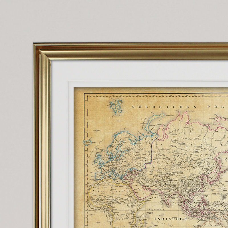 Carte du monde rétro «Parchement», reproduction d'art graphique encadrée, H 28 po x l 38 po x P 1,5 po, Cadre doré
