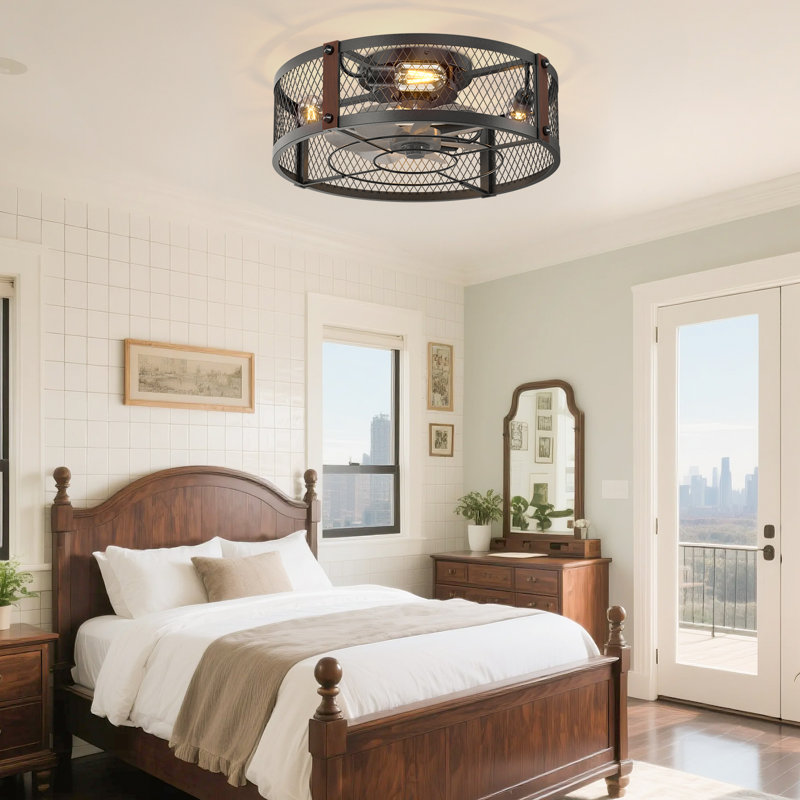 Ventilateur de plafond encastré de 20 po avec lumière, cage noire, moteur à courant continu réversible à 6 vitesses, télécommande, style maison de campagne industrielle