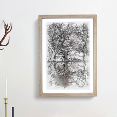Reflection Of The Pink Blossom Trees Sketch - Single Picture Frame Print on MDF