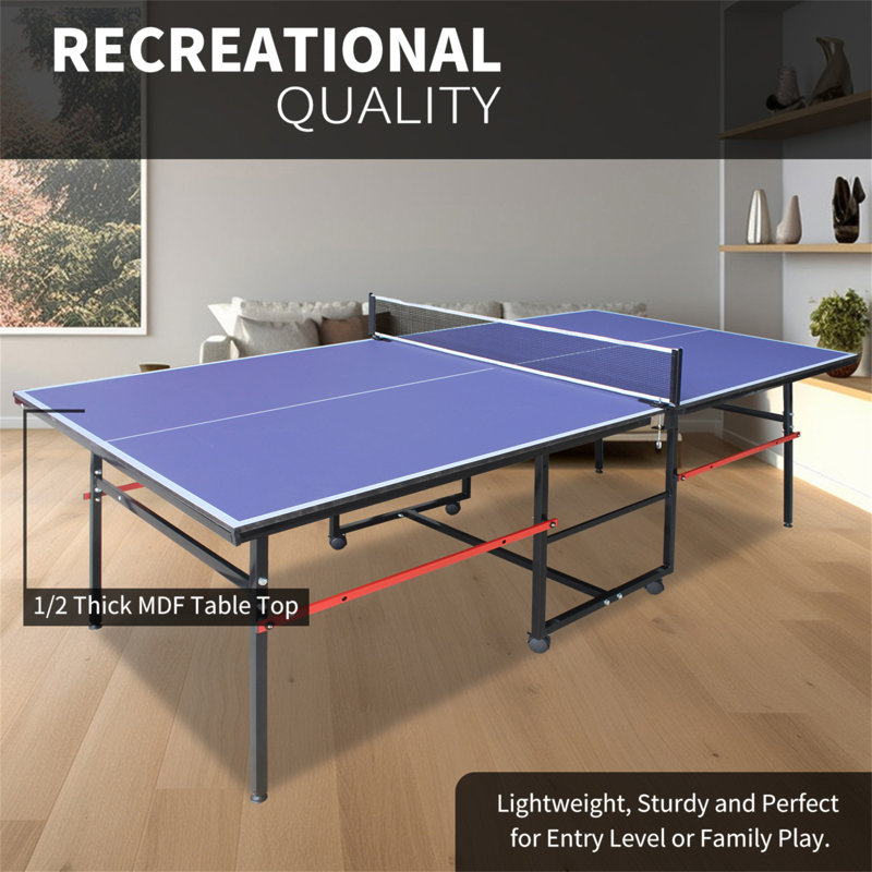 8Ft Mid-Size Table Tennis Table Foldable & Portable Ping Pong Table Set For Indoor Games With Net, 2 Table Tennis Paddles And 3 Balls