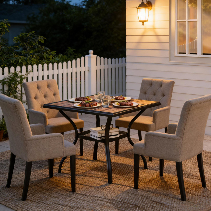 Outdoor Square Dining Table, 37" X 37", Built - In Storage, Faux Wood , Stable Frame, Easy Setup Patio Table For Hangouts, Metal Mesh Shelf Extra Look Plastic Tabletop, Umbrella Compatible, Quick