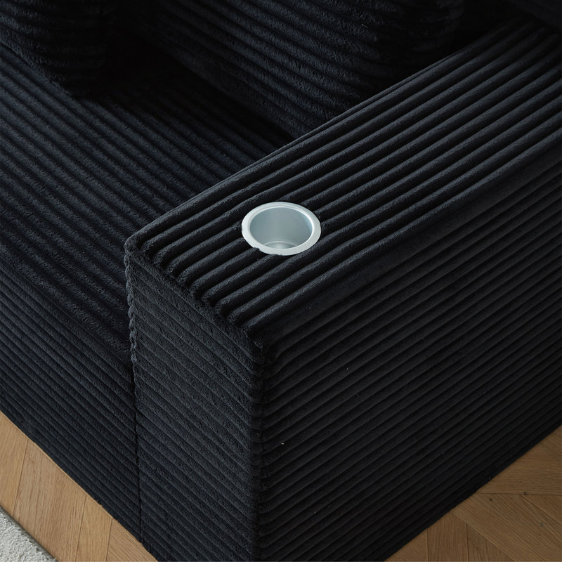 Canapé modulaire profond en velours côtelé avec porte-gobelets, aucun assemblage requis, Noir