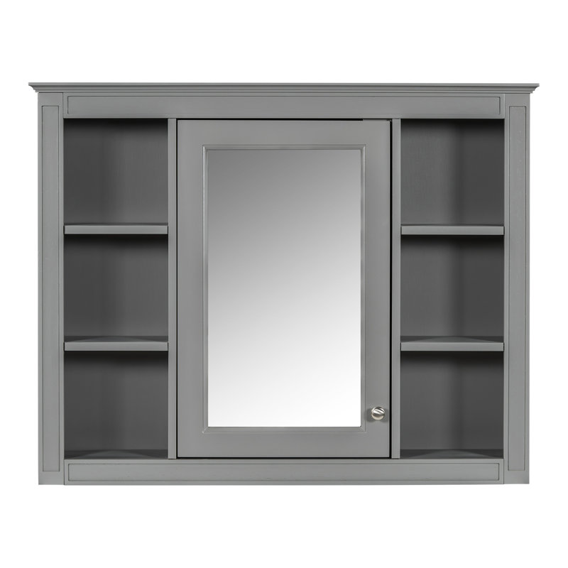 Armoire de salle de bain murale avec miroir, 35 po x 27,5 po, gris, armoire de rangement spacieuse 35 po x 27,5 po, charnières réglables à fermeture en douceur