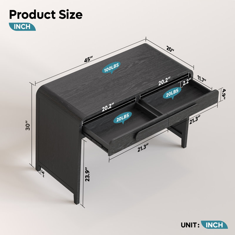 2-Drawer Writing Desk with Curved Handle, Black