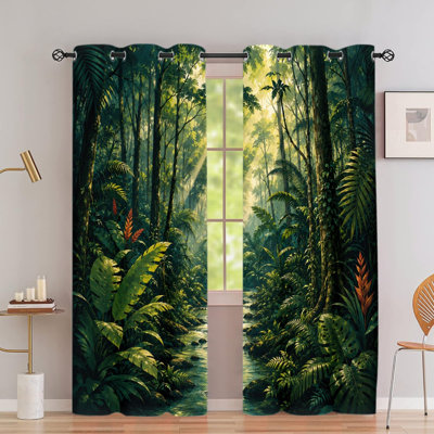 2PCS Grommet Top Tropical Rainforest Printed Curtain Drapes with Lush Jungle River Sunlight Scene, Thermal Insulated Blackout Room Darkening Curtains with Privacy Protection, Indoor Home Window Decor for Bedroom Living Room