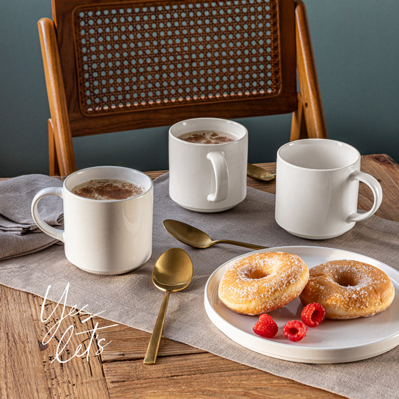 Over&Back Stackable Semi-Matte Hand-Finished Stoneware Mugs, Set of 4, Glossy White