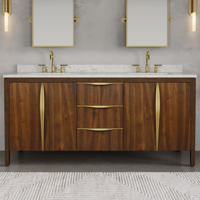 Klemenc 72 in. Double Sinks Carrara White Marble Bath Vanity in Noir Juglans with Satin Gold Hardware