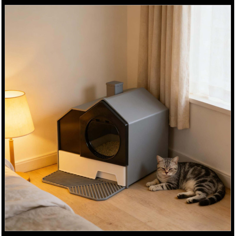 Bac à litière pour chat facile à nettoyer, Noir/gris/blanc