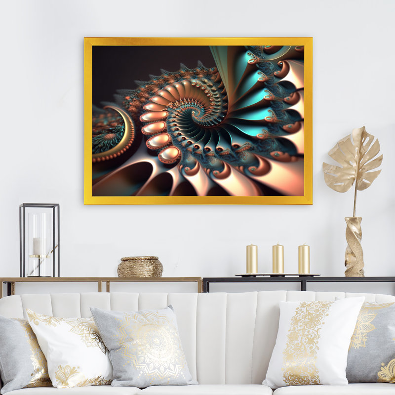 Fractal Wave en turquoise et or II - reproduction sur toile, H 12 po x l 20 po x P 1 po, Encadrement doré