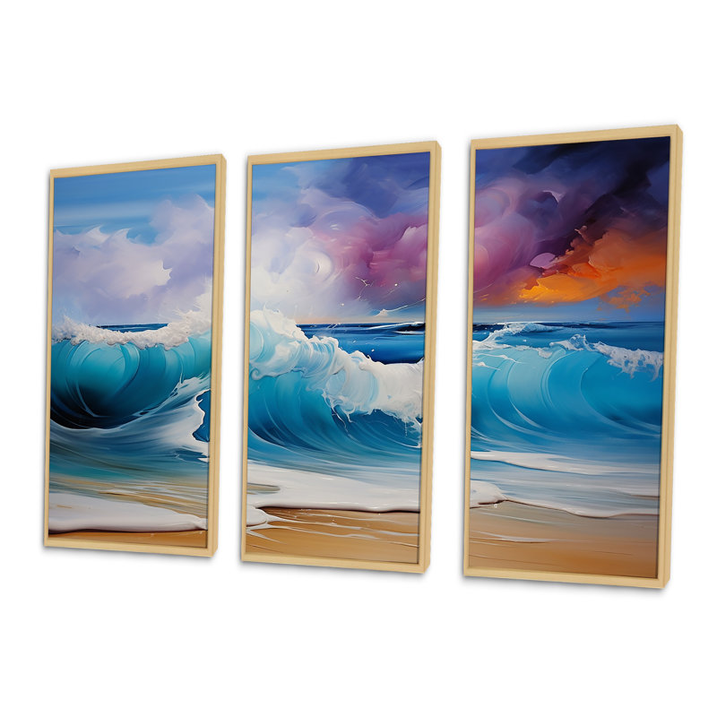 Shoreline Waves Sunset 1 - art mural vagues côtières, Cadre flottant brun, H 32 po x l 48 po x P 1 po