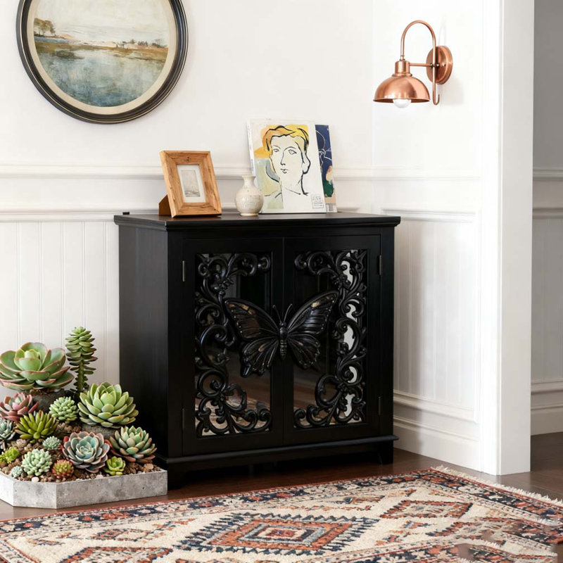 buffet avec 2 portes en miroir en acrylique et buffet avec rangement