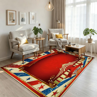 Gold Machine Washable,Vintage Circus with Big Retro for Indoor Area Rug