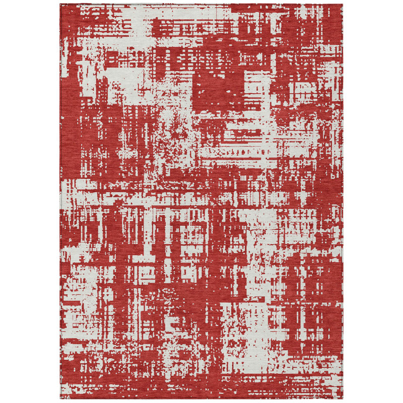 Tapis extérieur lavable abstrait rouge et ivoire 3 pi x 5 pi
