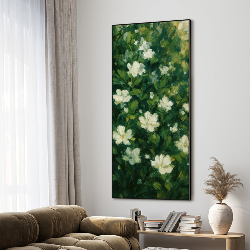 Très grande impression murale de jardin floral - fleurs blanches et feuilles vertes, décoration botanique pour le salon ou la chambre à coucher, assemblage requis
