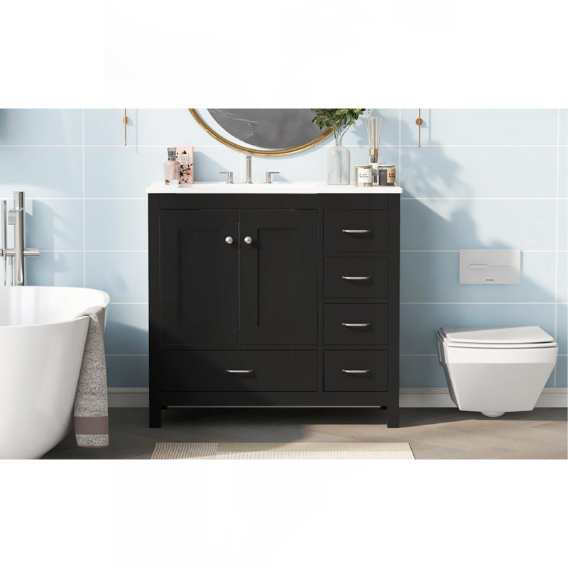 Meuble-lavabo noir 36 po avec lavabo en céramique, armoire de rangement abondante, 2 portes à fermeture douce et 5 tiroirs