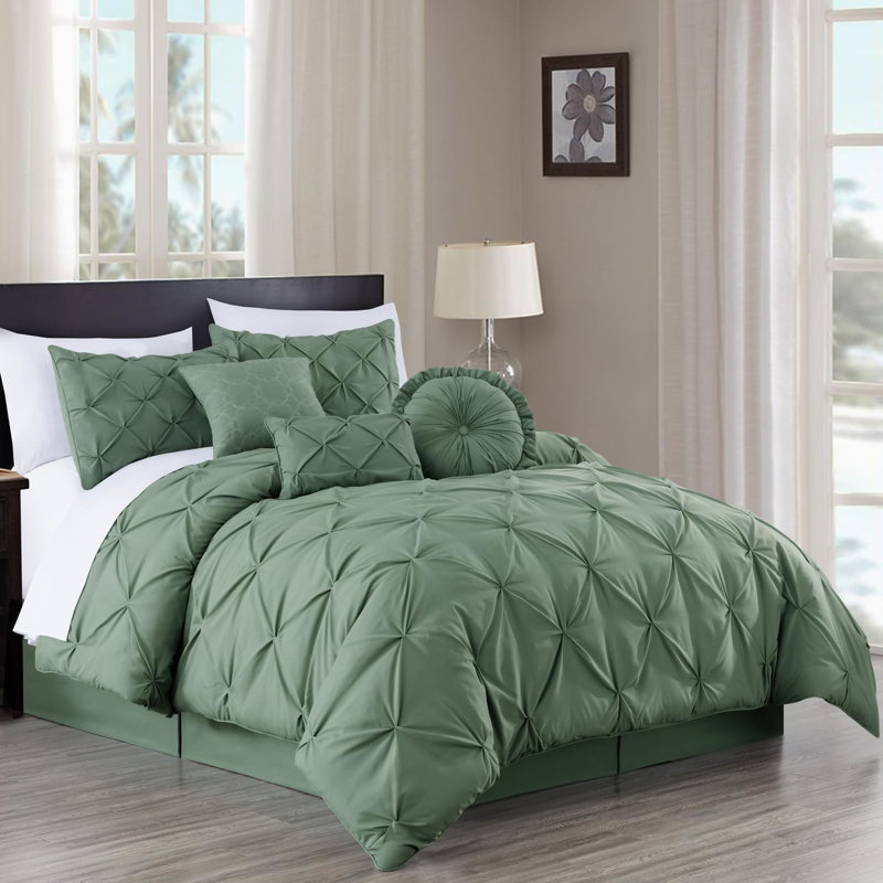 Ensemble d'édredon en microfibre 7 pièces Sydney Pintuck, Édredon de très grande taille et 6 pièces suppl, Vert sauge