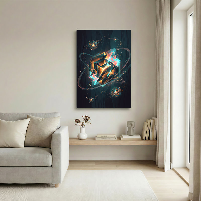 " Glowing Geometric Crystal Structure In Cyan And Orange " Painting Print, 24"H x 16"W