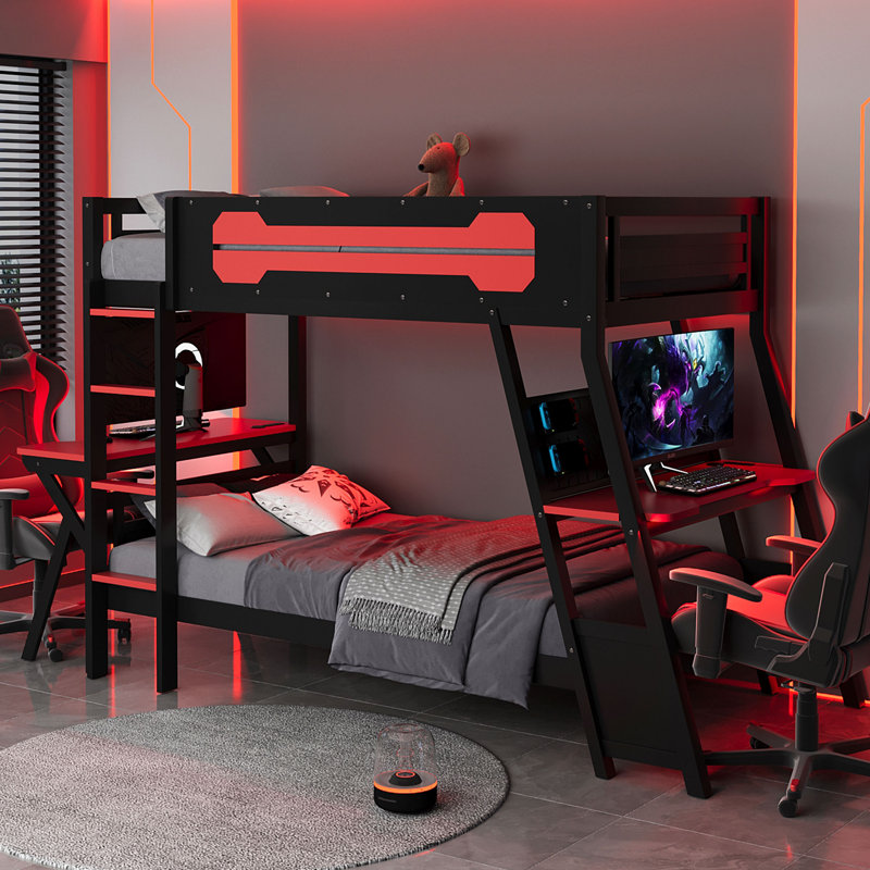 Lit superposé avec bureau, lit mezzanine, base de lit simple rouge, Rouge, Lit simple