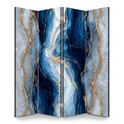 Paravent 4 panneaux à cloison pliable Royal Abstract Blue White Marble Gold Veins