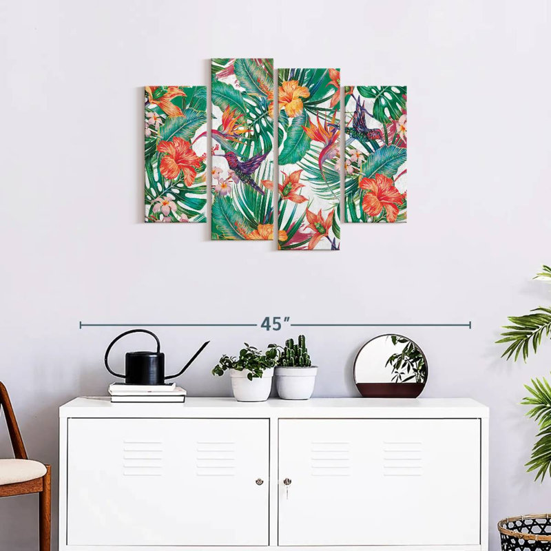 Motif de colibris tropicaux et de fleurs, ensemble de 4 pièces sur toile par Maya Blooms, H 22 po x l 36 po x P 1 po