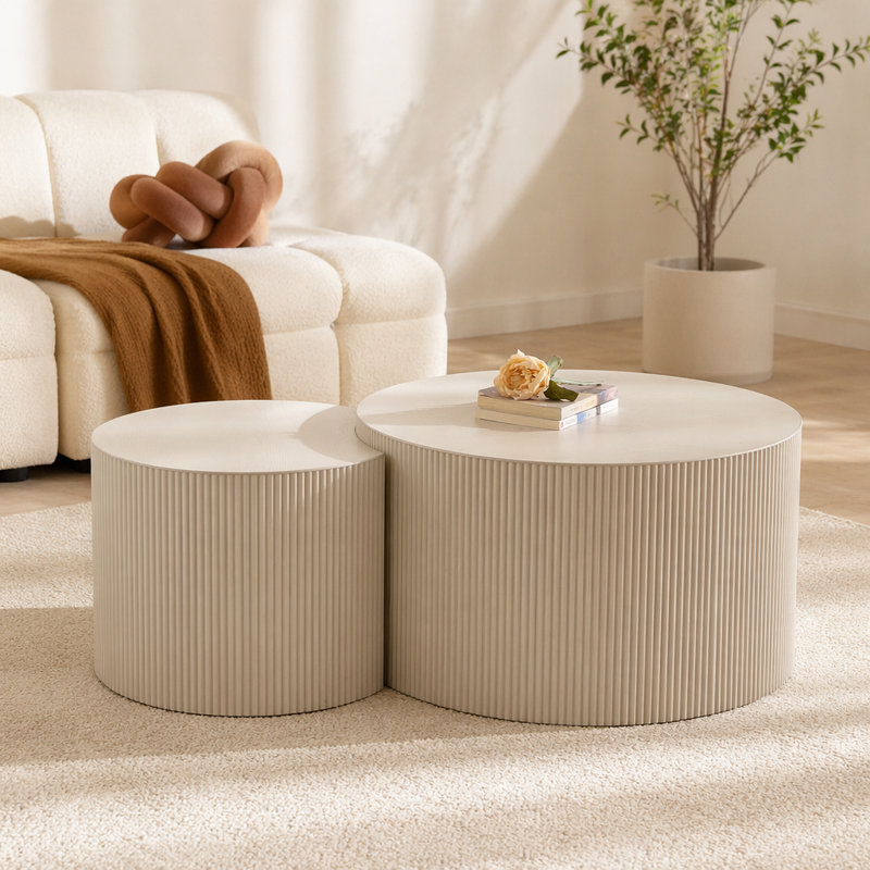 Table basse ronde en bois pour le salon et les petits espaces, H 14,92 po x l 33,86 po x P 33,86 po, Beige, blanc
