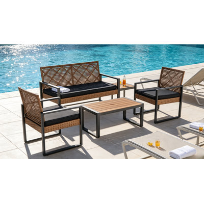 Ensemble de mobilier d'extérieur 4 pièces, ensemble de conversation résistant aux intempéries avec coussins amovibles et table en bois d'acacia, pour cour, balcon et jardin