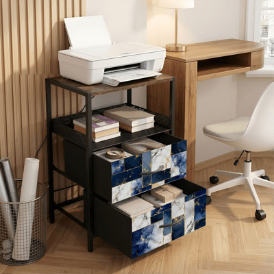 Table de chevet à 2 tiroirs avec station de recharge, table de chevet avec ports USB et prises, tablette ouverte noire, motif marbre rose et violet