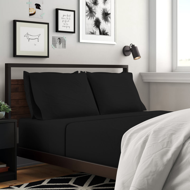 Ensemble de draps en microfibre brossée imitant le satin de coton et offrant une résistance au froissement et respirant, Noir