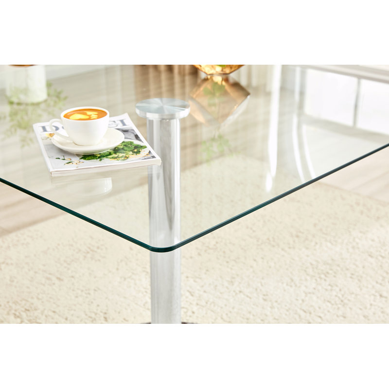Table de salle à manger moderne en verre minimaliste carrée avec base en métal à colonne unique, Transparent / argent