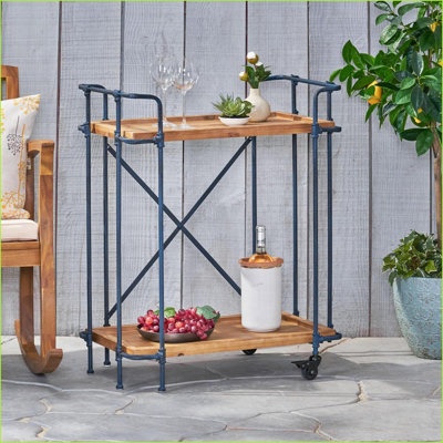 Bar Cart, Industrial 2-Tier with Wheels, Firwood &amp; Iron Antique | Wood+Metal | Brown