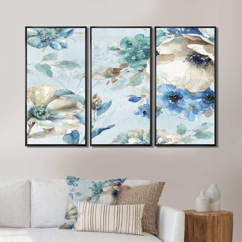Indigold aquarelle, joli oiseau III - ensemble d'art mural sur toile encadré traditionnel de 3, H 28 po x l 36 po x P 1 po