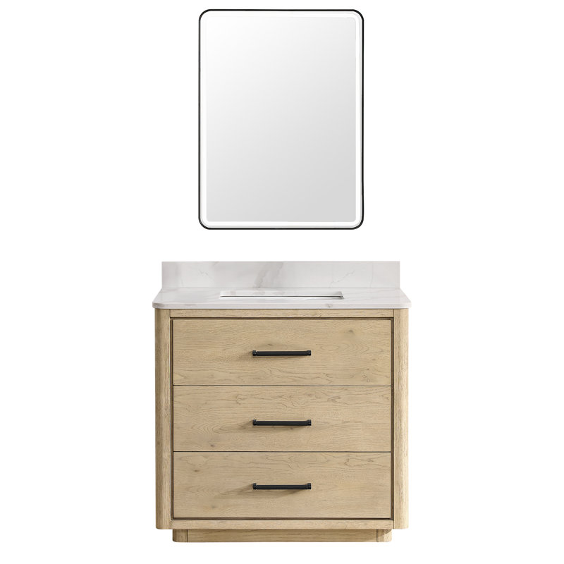 Meuble-lavabo sur pied simple 36 po avec plateau en quartz Calacatta et miroir Porto, Naturel, Noir mat